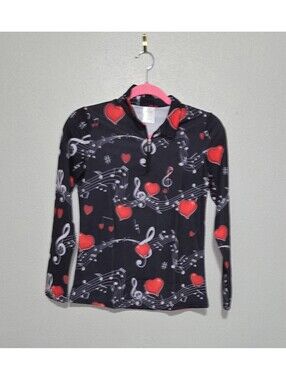 Unbranded Music Notes & Red Hearts Long Sleeve Top Shirt Black Size S Small